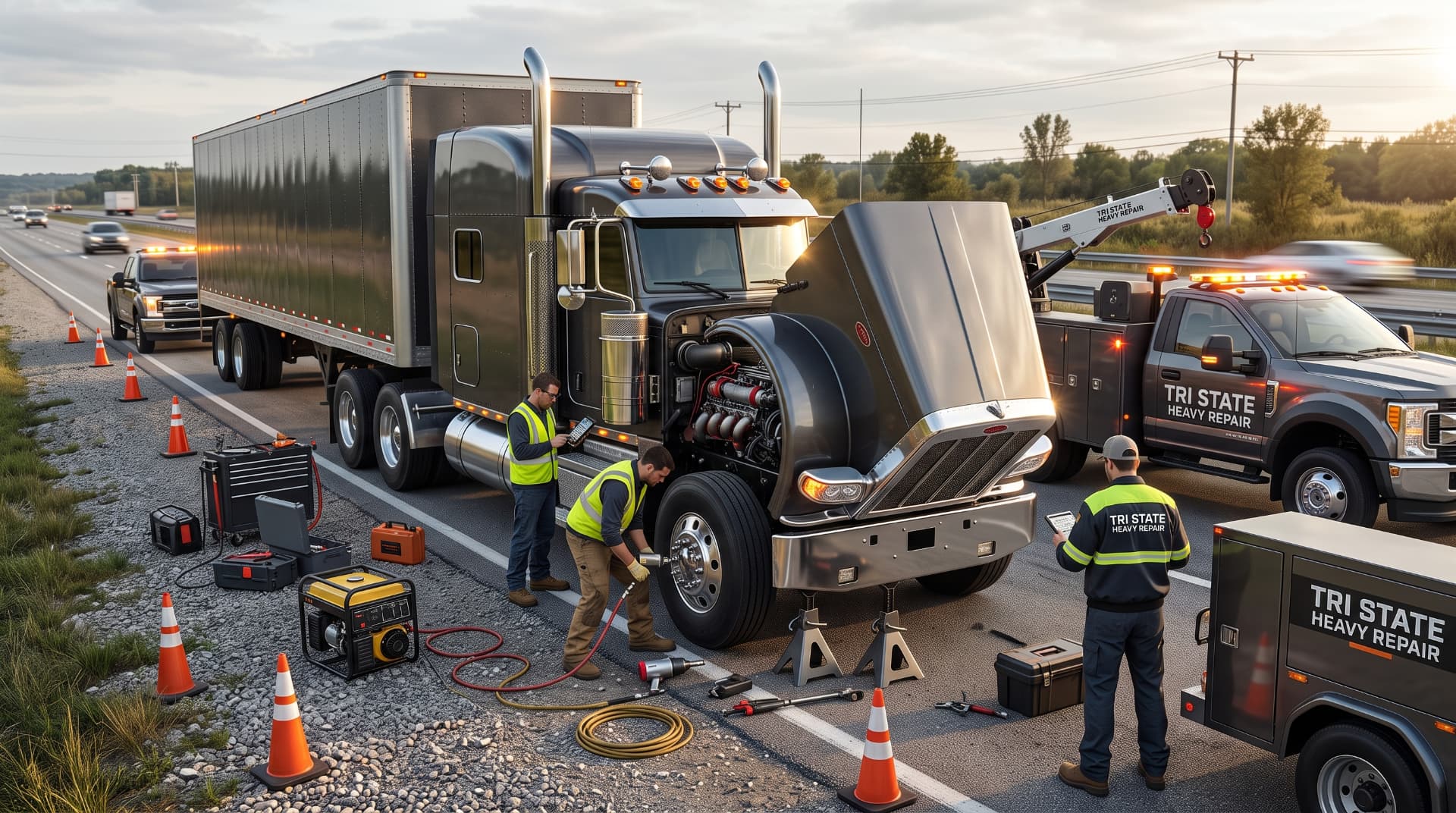 Mechanics performing roadside heavy-duty truck repair on a highway shoulder