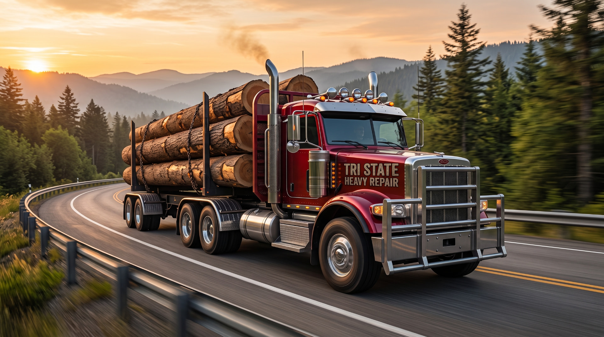 Red semi-truck hauling logs on a mountain road at sunset