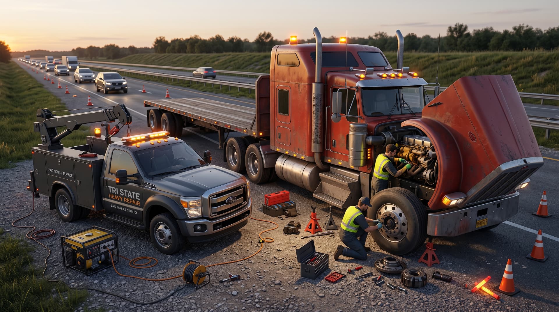 Mobile truck repair service at dusk with service truck and mechanics